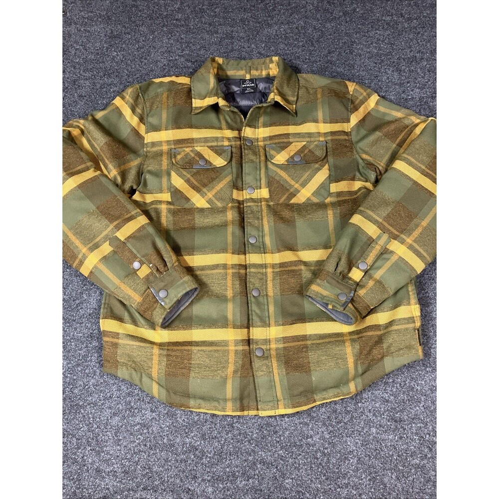PrAna Jacket Mens Plaid Showdown Down Insulated Snap Coat Jacket - Size XL Green